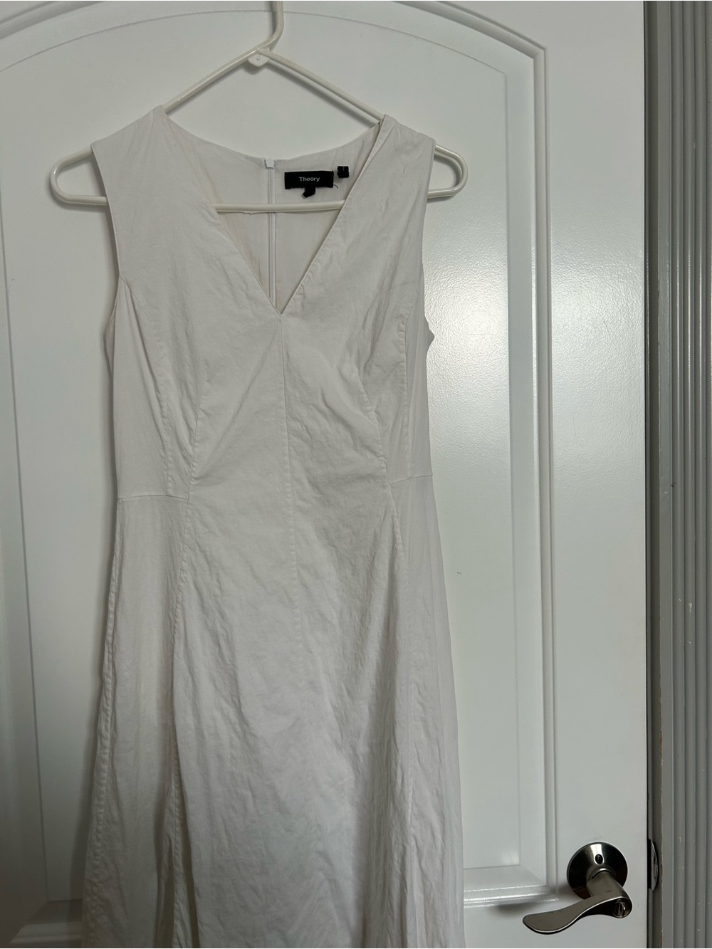 Theory Seamed V-Neck White Linen Blend Midi Dress Size 4 chic preppy summer - Picture 6 of 16
